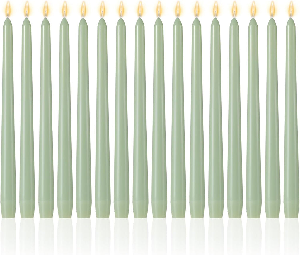MTLEE 16 Pcs 10 Inch Taper Candle Sticks Smokeless Unscented, Pea Green
