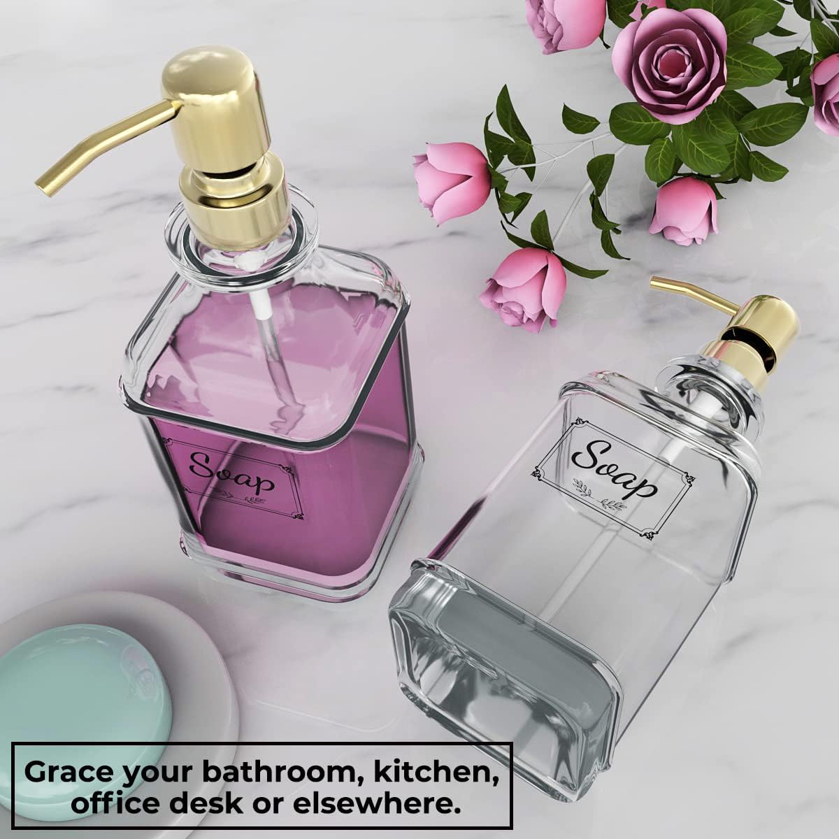 GLADPURE Soap Dispenser - 2 Pack, 18 Oz Antique Design Thick Glass Hand Soap Dispensers; with 304 Rust Proof Stainless Steel Pump, 6Pcs Clear Stickers, for Kitchen, Bathroom - Gold