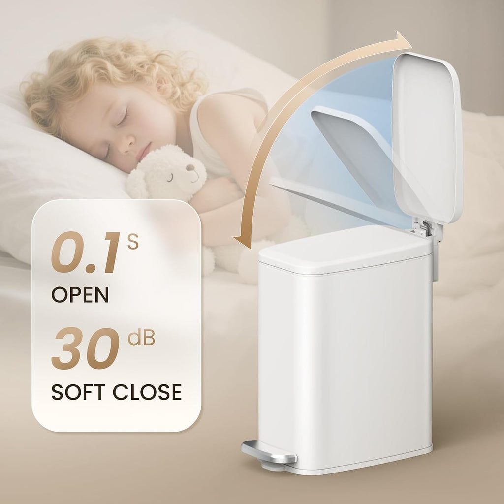 Cesun Slim Bathroom Trash Can with Lid, Soft Close, White, 6L/1.6 Gallon