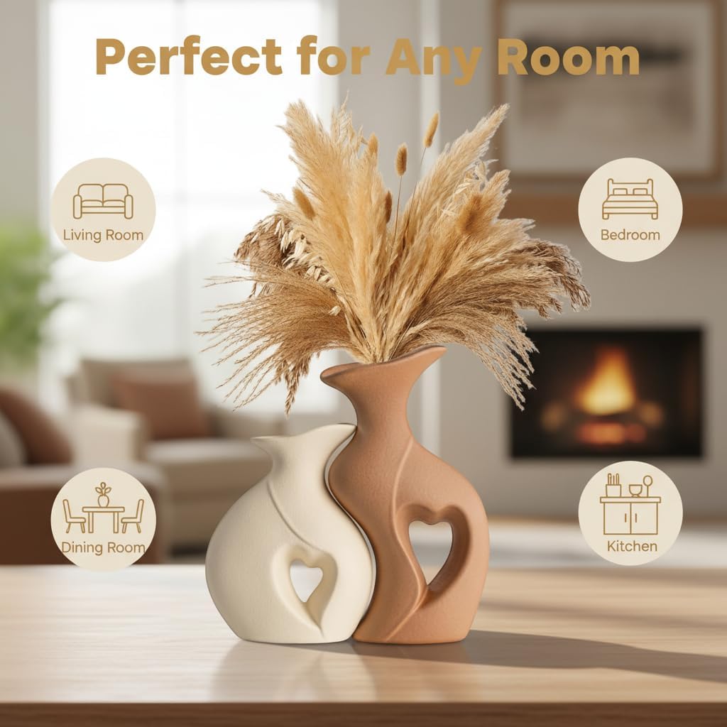 Beige and Brown Ceramic Vase Set of 2，Heart Shaped Home Decor