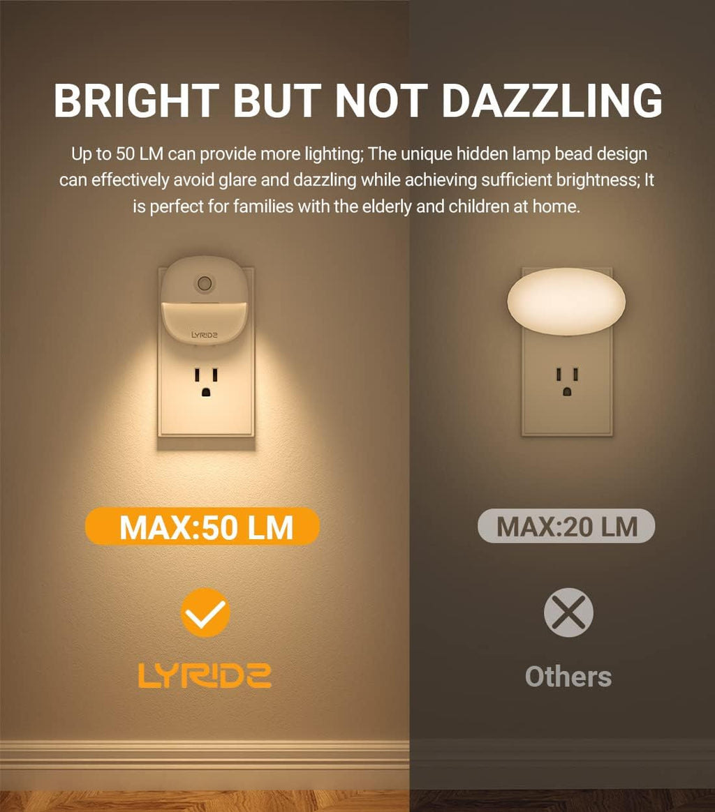 Lyridz Plug in Night Light with Motion Sensor and Dusk to Dawn Sensor, Dimmable Warm Nightlight with 1-50lm Adjustable Brightness Indoor for Bedroom, Bathroom, Stairs, Hallway, 4 Pack