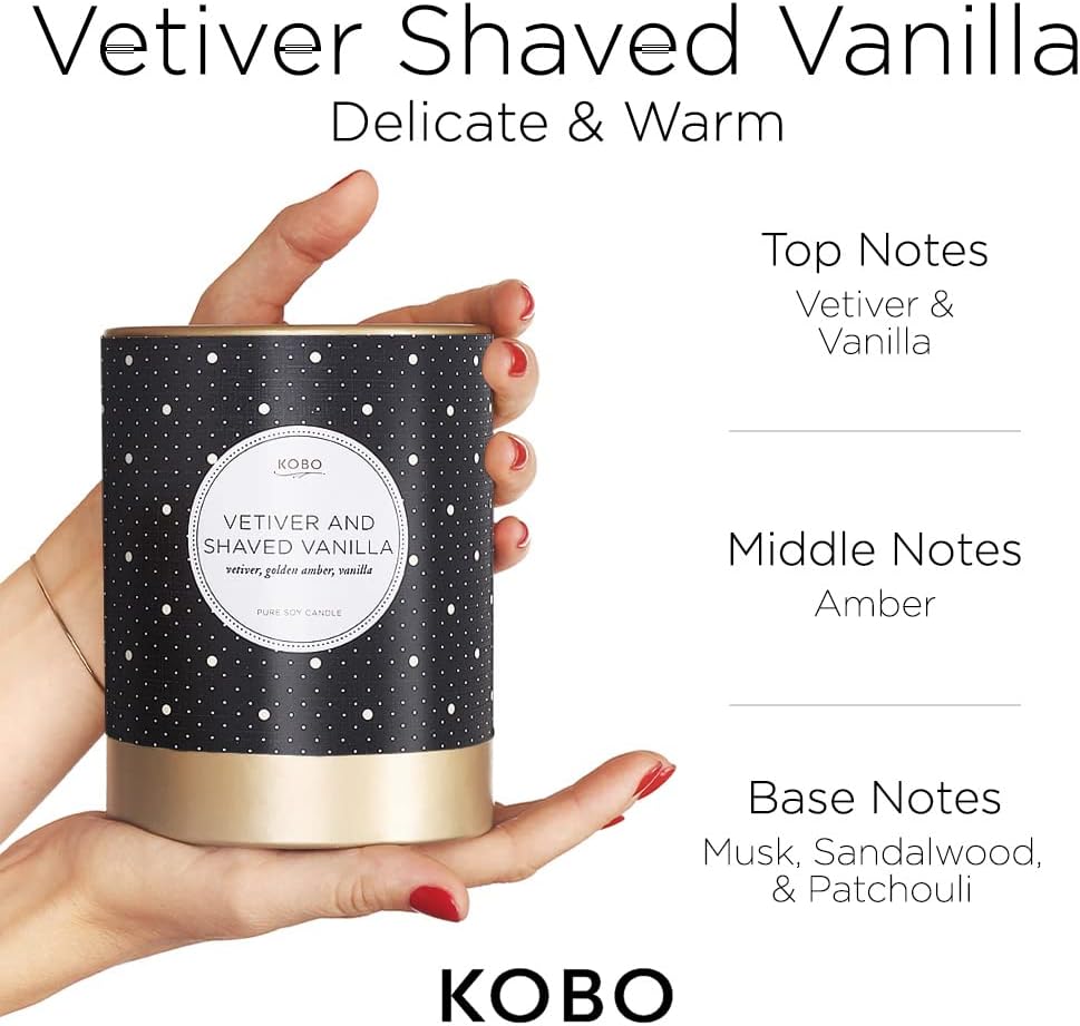 KOBO Vetiver & Shaved Vanilla Pure Soy Candle, 80 Hour Burn, 11 oz