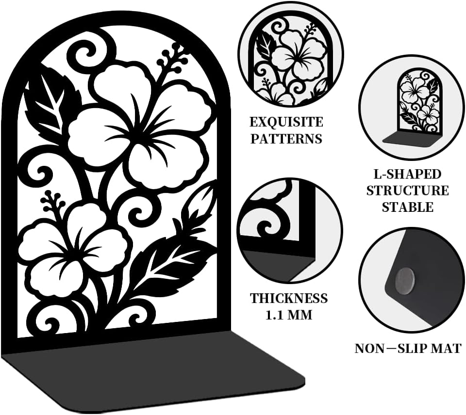 1 Pairs Hibiscus Floral Motifs Black Metal Bookends for Shelves