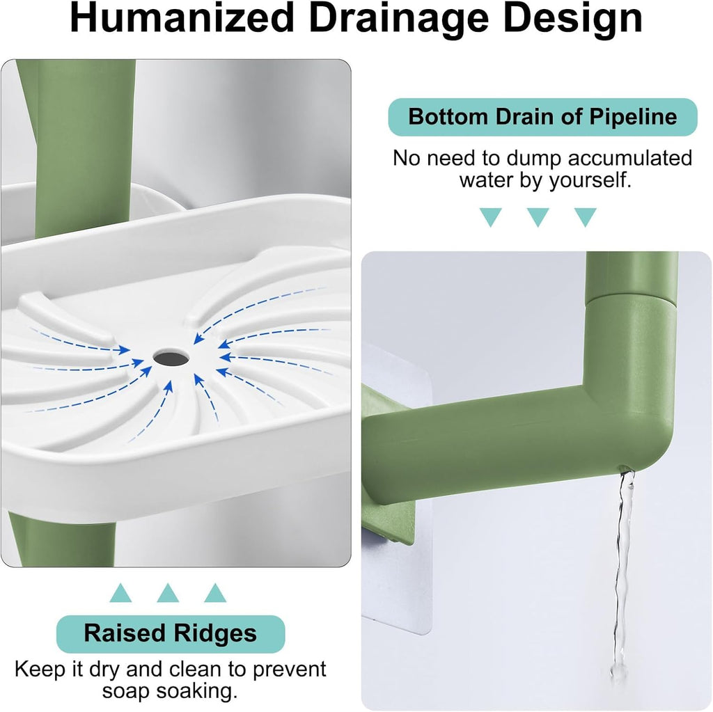 Soap Holder Four Layer Wall Mounted NO-Drilling Rotatable Self-draining Removable Soap Dish for Shower Bathroom Tray,Self Draining Sponge Holder,Razor Holder（White/Green）