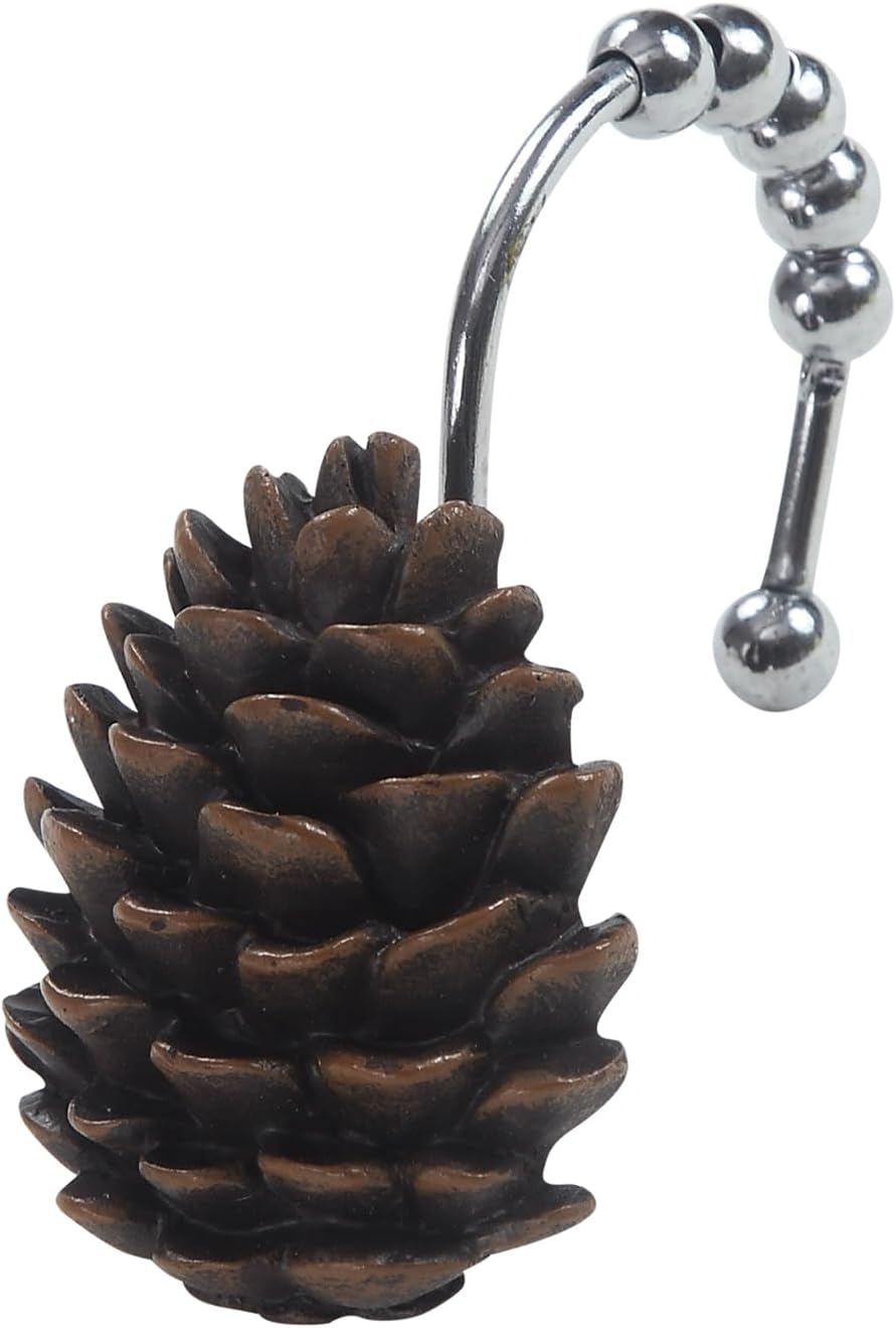 Brown Pinecone Shower Curtain Hooks, Rustproof Rustic Cabin Shower Hooks for Shower Curtain, 5 Roller Ring Balls Lodge Christmas Decorative Bathroom Curtain Hooks, Set of 12