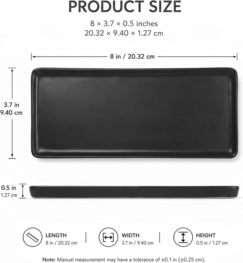 8″ x 3.7″ Ceramic Vanity Tray, Decorative Rectangular Organizer for Bathroom Countertop, Dresser Top, Kitchen & Bathtub, for Soap, Perfume, Candle, Jewelry & Cosmetics (Black)