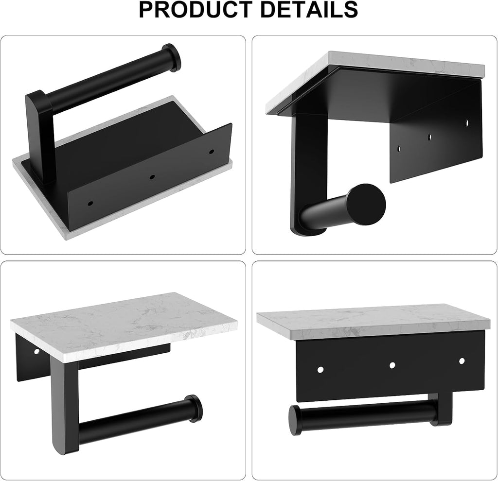 Matte Black Toilet Paper Holder with Marble Shelf Tissue Roll Holder