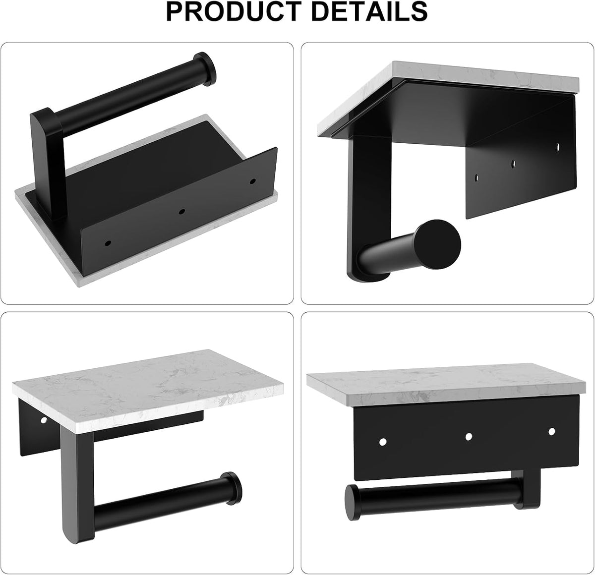 Matte Black Toilet Paper Holder with Marble Shelf Tissue Roll Holder