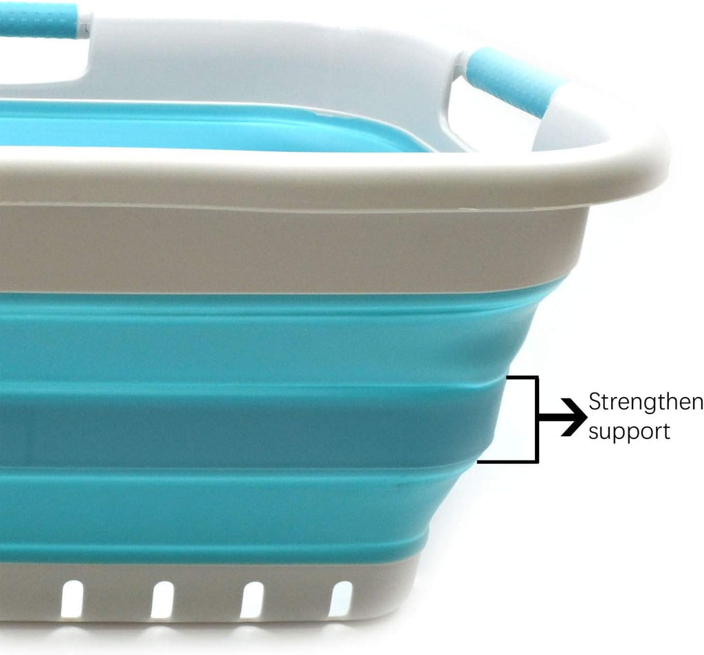 SAMMART 41L (10.8 gallon) Collapsible Plastic Laundry Basket - Foldable Pop Up Storage Container/Organizer - Portable Washing Tub - Space Saving Hamper/Basket (3 handled rectangular, Grey/Bright Blue)
