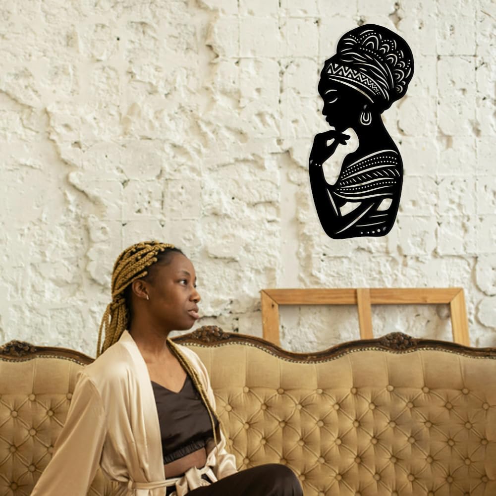 NBEADS Africa Woman Art Wall Decor, 11x5inch Iron Modern Wall Decor Female Home Hanging Drawing Wall Art Metal Wall Sculptures for Bedroom Living Room Black
