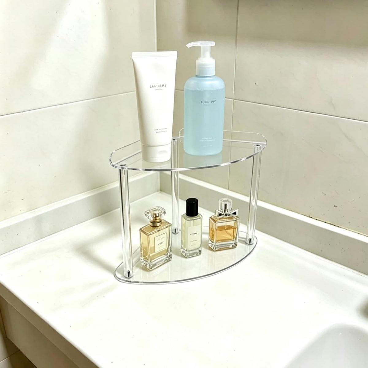 2 Tier Acrylic Bathroom Counter Organizer Corner Storage Shelf Vanity Trays