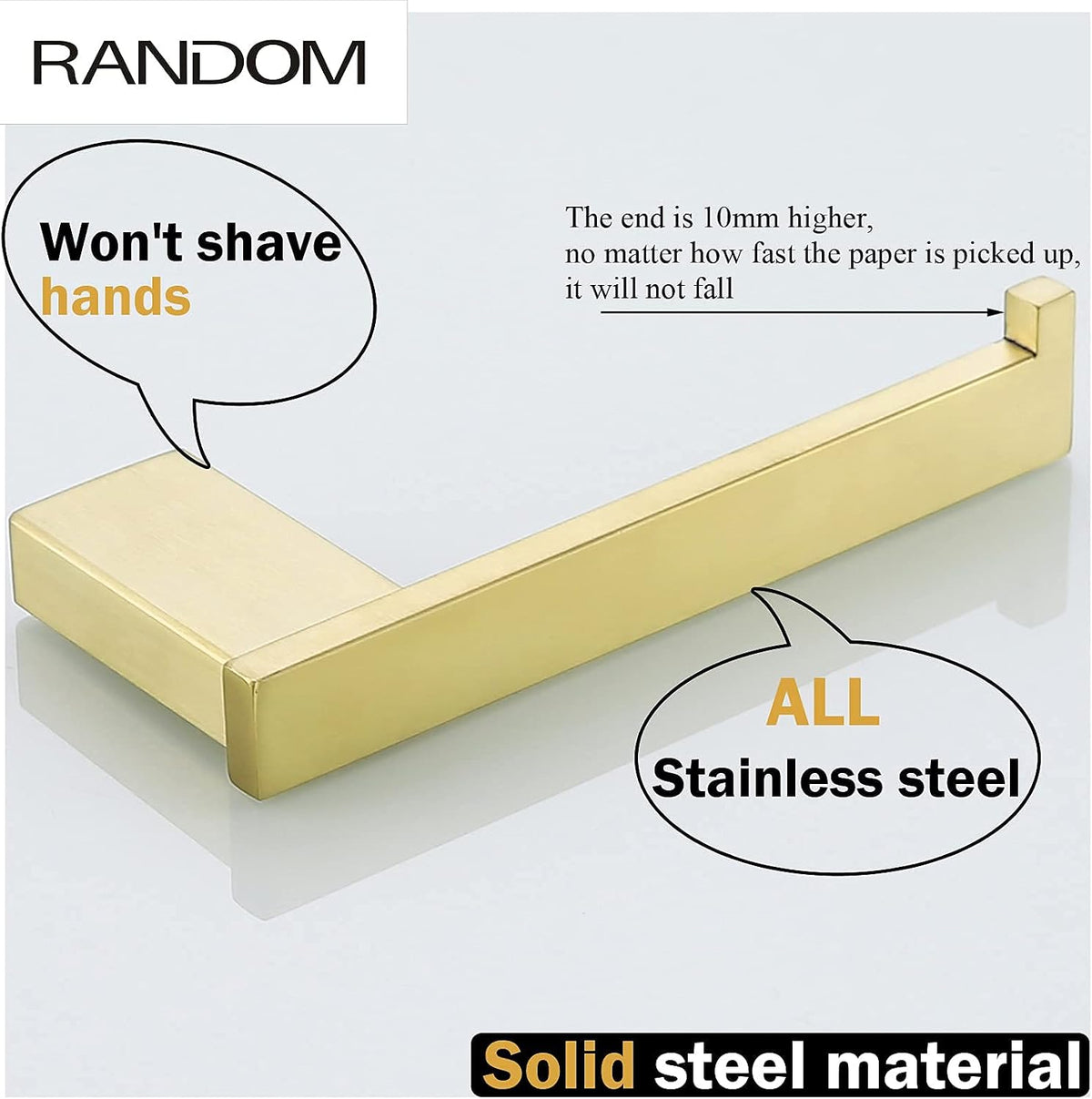 RANDOM Brushed Gold Toilet Paper Holder, Bathroom Hardware Accessories SUS 304 Stainless Steel Modern Tissue Paper Roll Holder Nordic Minimalism Contemporary Hotel Style Wall Mount.