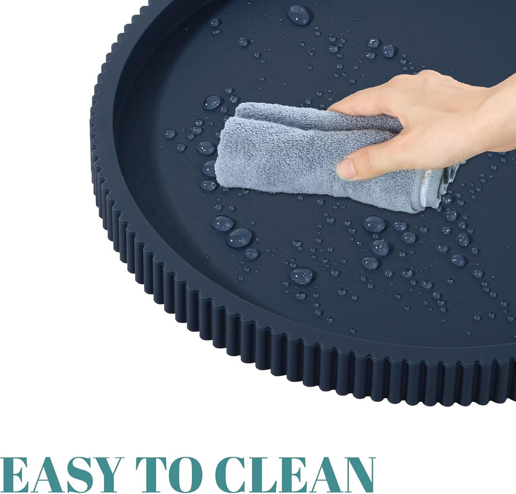 Silicone Bathroom Tray Round Perfume Tray Coffee Table Decor, 9" Dark Blue