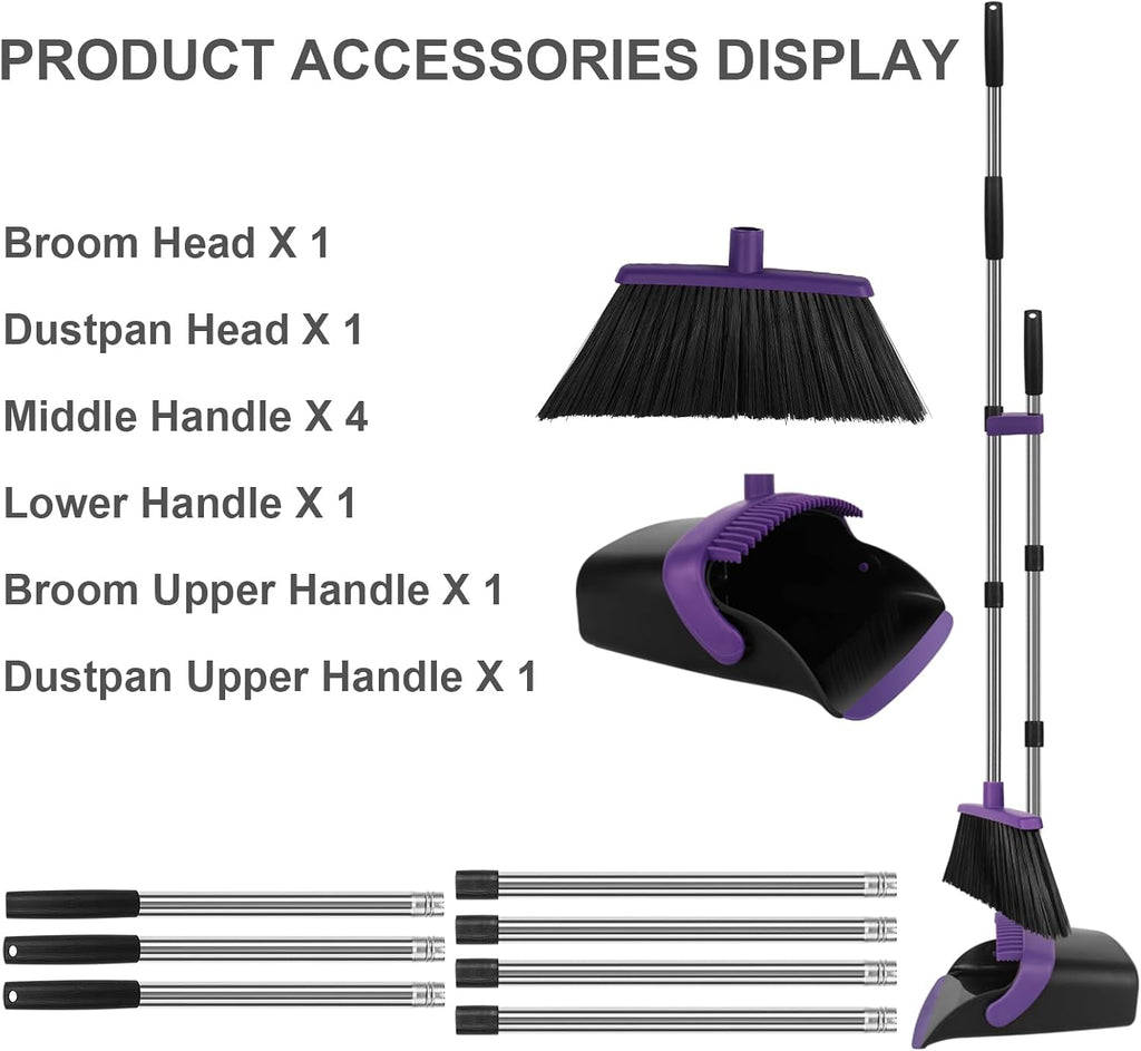 Purple Broom and Dustpan Combo Set, 55" Long Handle Broom
