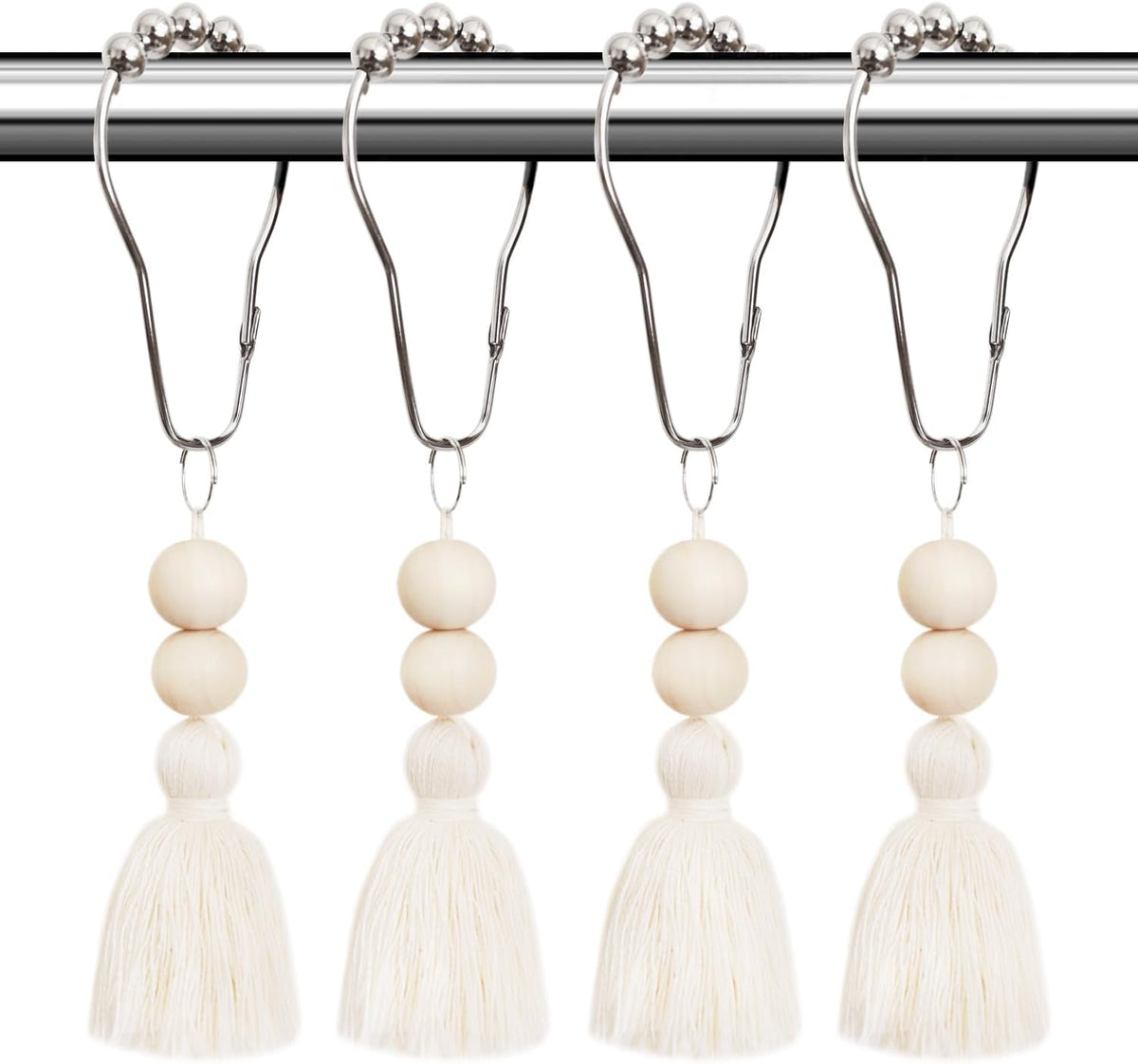 Boho Shower Curtain Hooks Rings Rustproof, CHICTIE Nautical Decorative Shower Curtain Rings with Handmade Wood Beads Tassel, Farmhouse Home Bathroom Bedroom Decor Set of 12 (Natural Cotton)