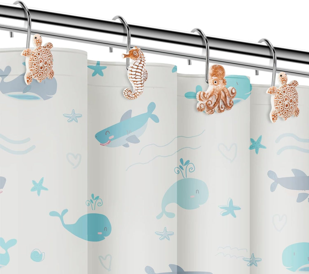 Seashell Shower Curtain Hooks, 12Pcs Decorative Anti-Rust Shower Hooks, Coastal Style Curtain Hooks for Bathroom Nursery Bedroom Living Room Decoration (Turtle Starfish Octopus)