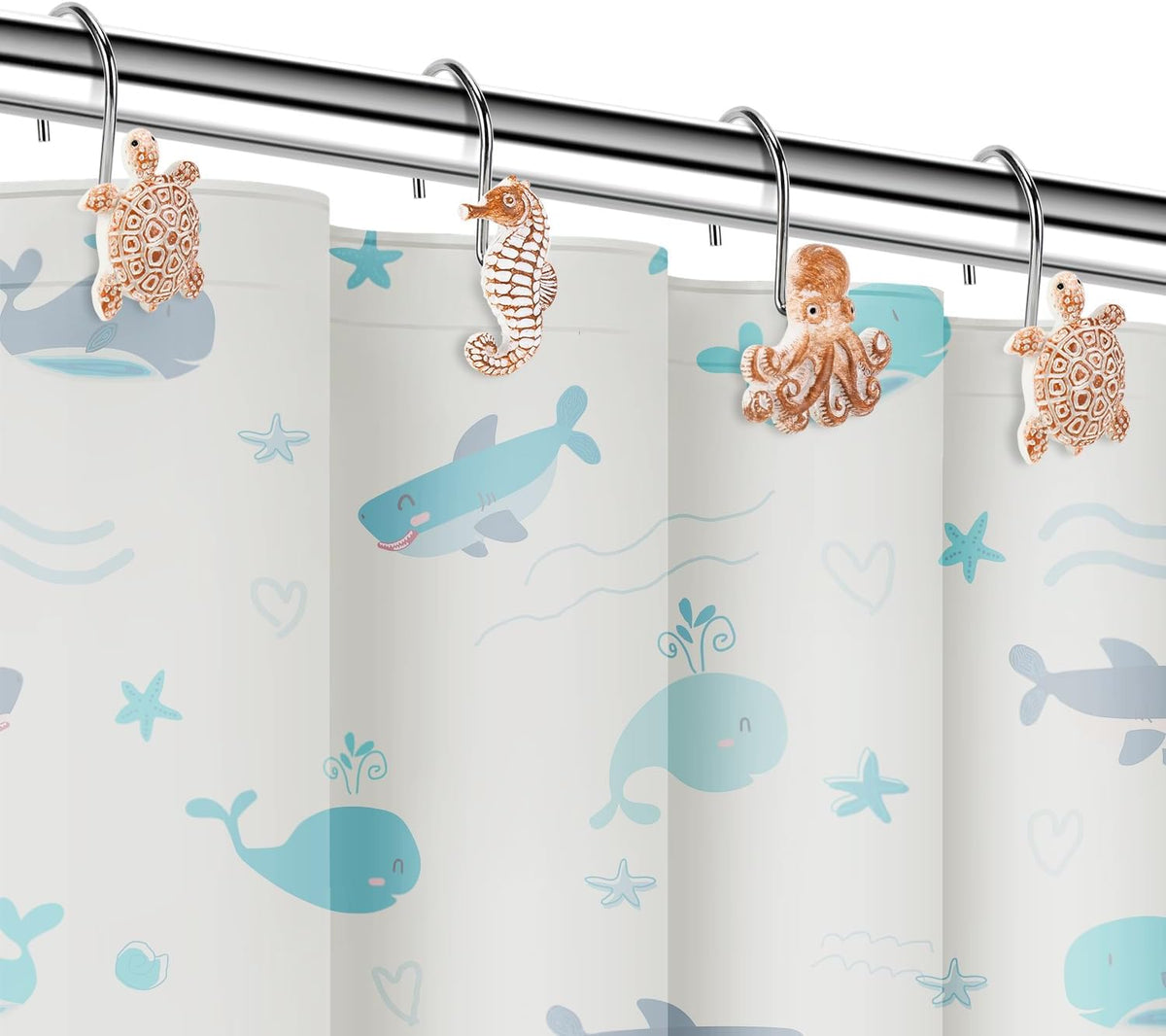 Seashell Shower Curtain Hooks, 12Pcs Decorative Anti-Rust Shower Hooks, Coastal Style Curtain Hooks for Bathroom Nursery Bedroom Living Room Decoration (Turtle Starfish Octopus)