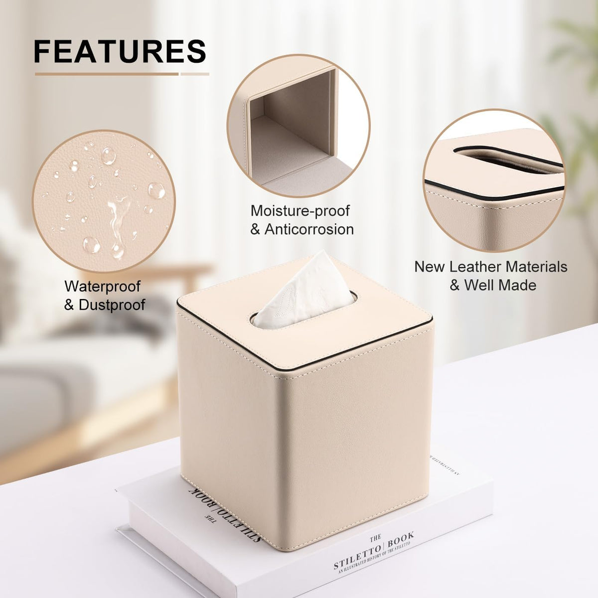 KINGFOM Leather Tissue Box Cover – Square Modern PU Leather Tissue Holder, Cube Tissue Dispenser for Home, Office, Bedroom, Bathroom – Elegant Minimalist Style (Beige-Square)