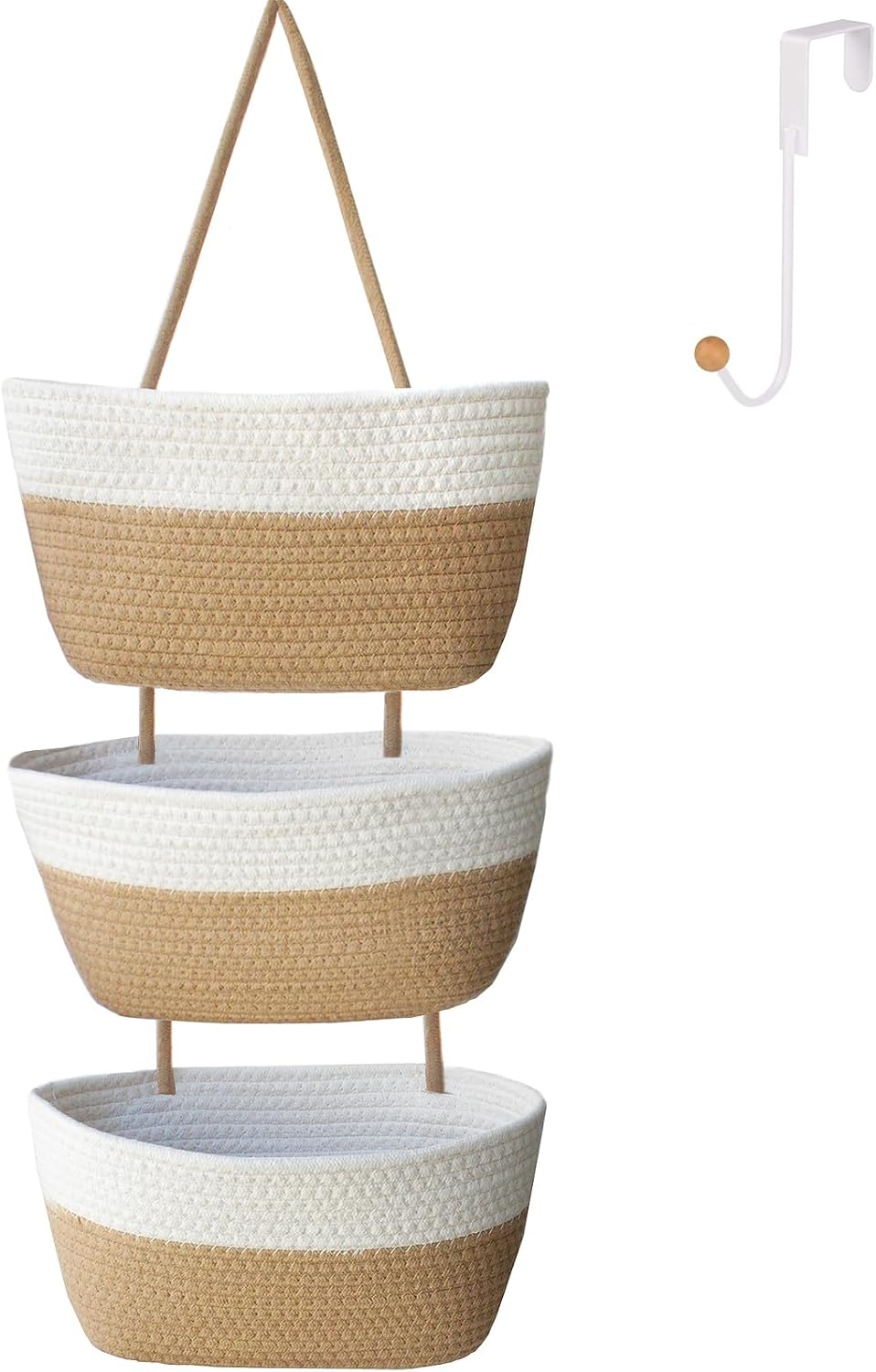 Over the Door Hanging Basket for Organizing 3 Tiers Woven Cotton Rope Wall Mount Storage basket Decorative Kitchen Hanging Organizer Bathroom include 1 door hook Flaxen+White