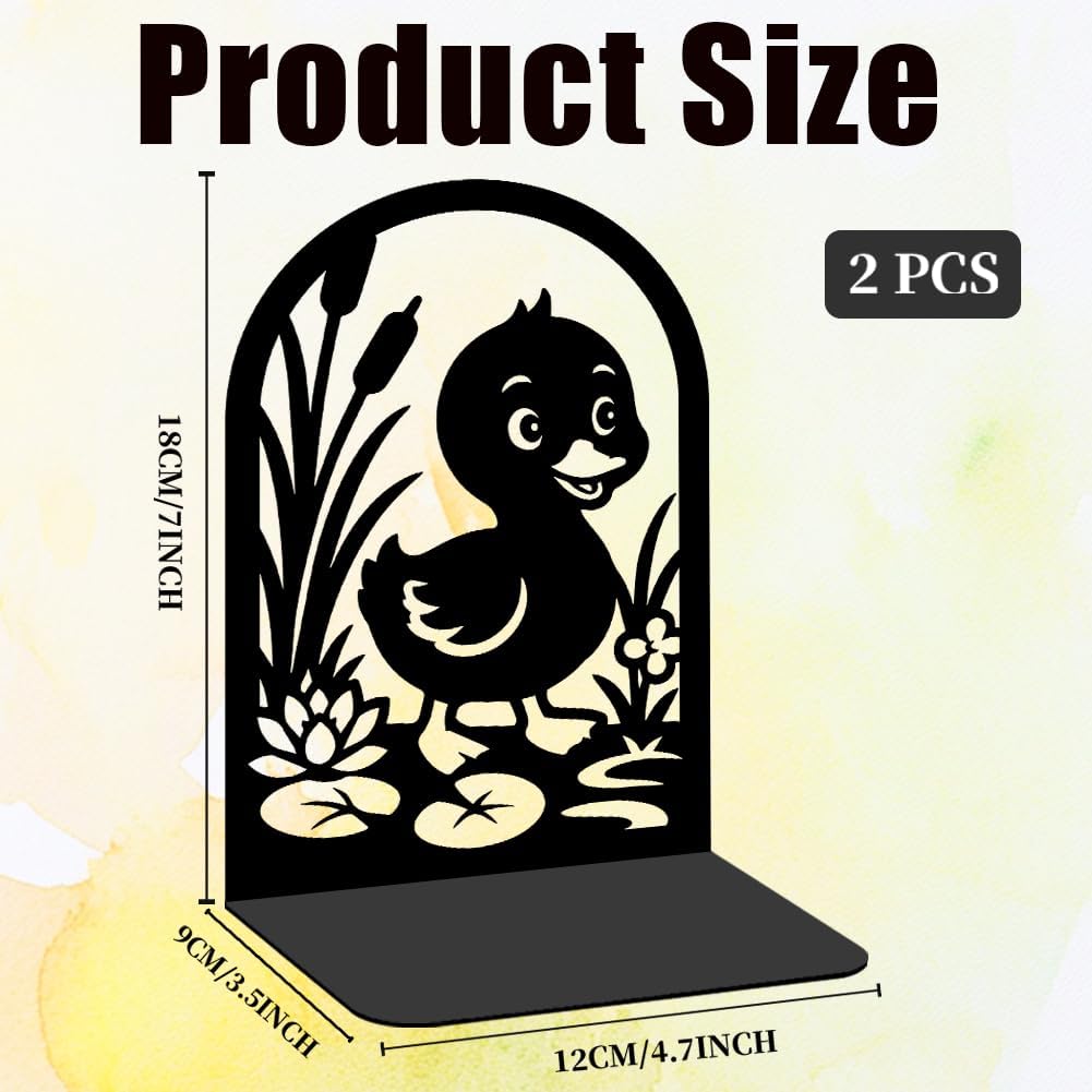 1 Pairs Cute Duck Metal Bookends, Heavy Duty Black Book Support, Creative Books Organiser Stopper for Shelves Bookshelf Office Home Decor, Animal Lovers & Bookworms Gift