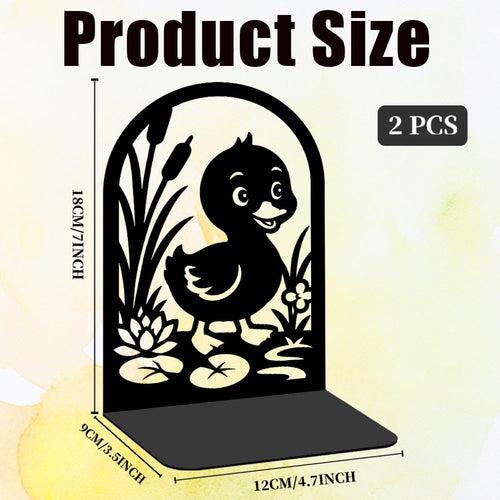 1 Pairs Cute Duck Metal Bookends, Heavy Duty Black Book Support, Creative Books Organiser Stopper for Shelves Bookshelf Office Home Decor, Animal Lovers & Bookworms Gift