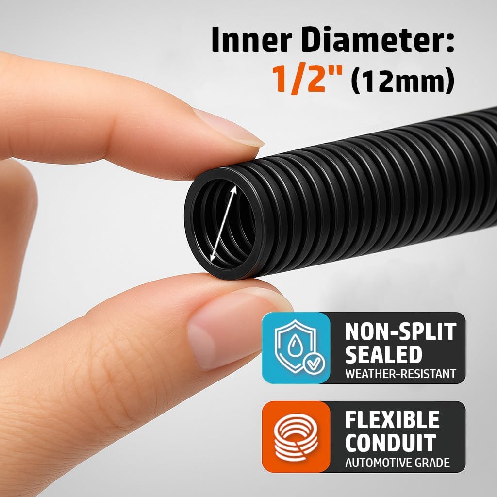 MGI SpeedWare Corrugated Non-Split Conduit, Black Wire Tubing for High-Temperature Automotive Harness and Indoor Outdoor Wire Management - 10ft Length (Inner Diameter 1/2")