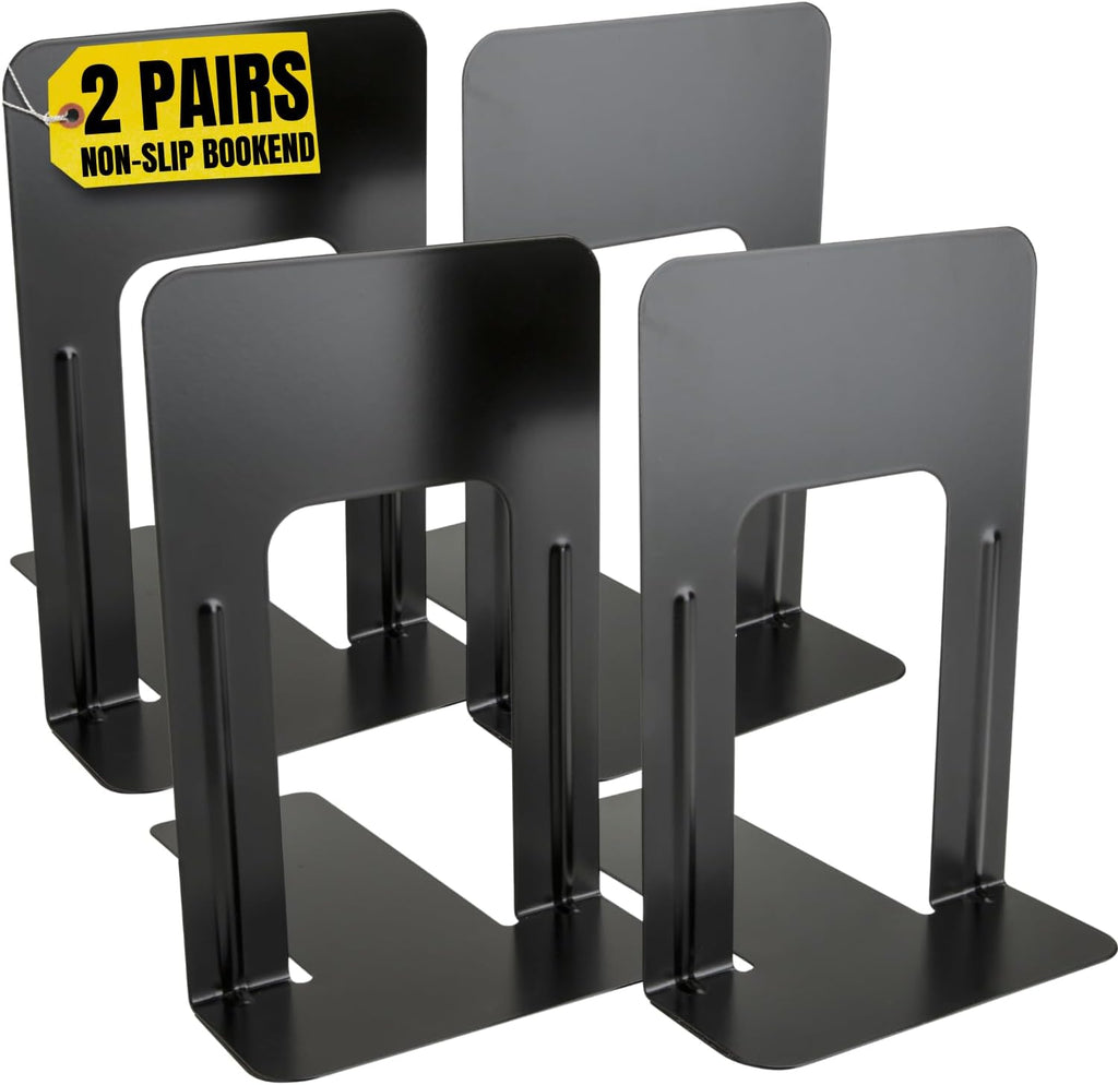 1InTheOffice Bookends for Shelves, Metal Bookends, 4 3/4" x 5 1/4" x 5", Non-Slip, Black, 4 Pack