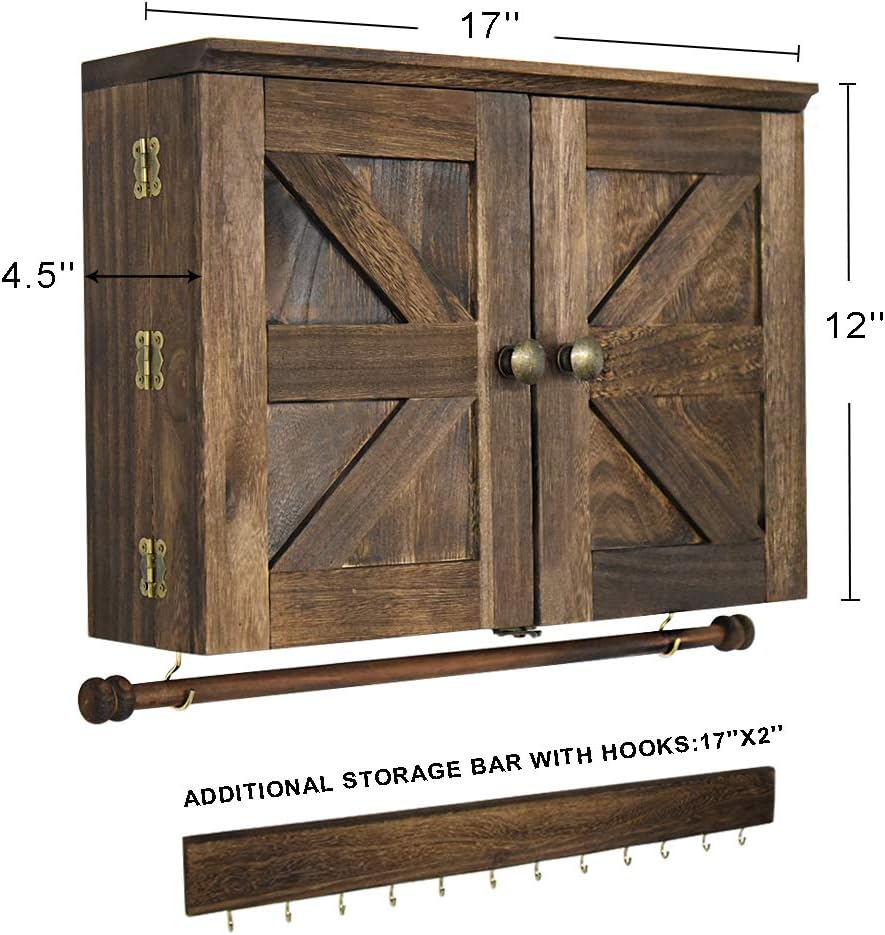 GLANT Rustic Wall Mounted Jewelry Organizer with Wooden Barndoor Decor,Wooden Wall Mount Holder,Jewelry holder for Necklaces, Earings, Bracelets, Ring Holder. Includes matching hook organizer (Rustic)