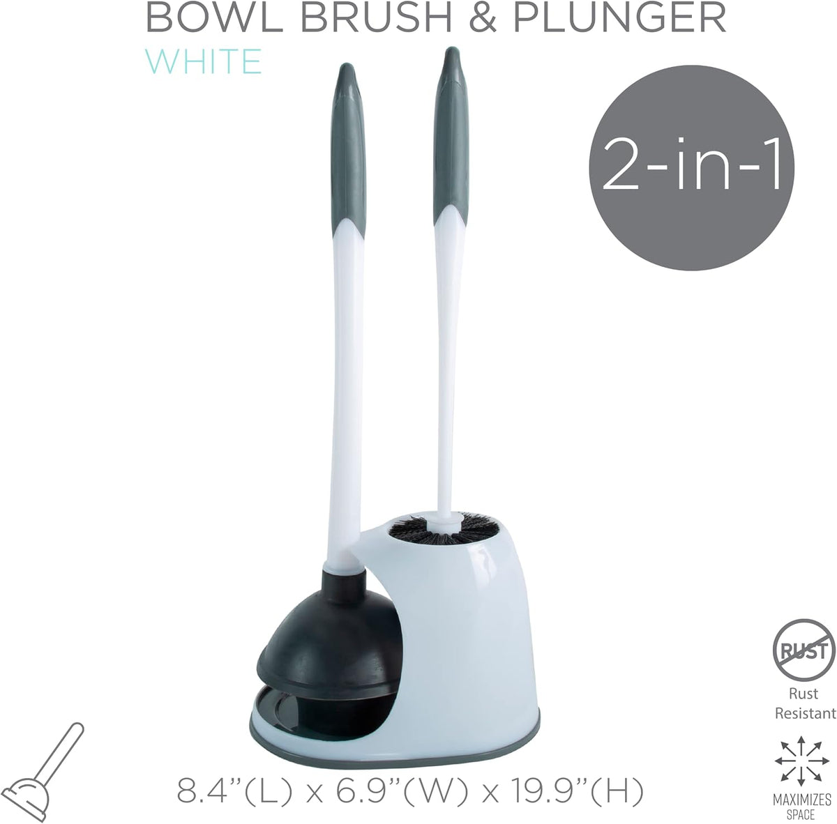 Bath Bliss 2 Pack 2-in-1 Bowl Brush & Plunger in White