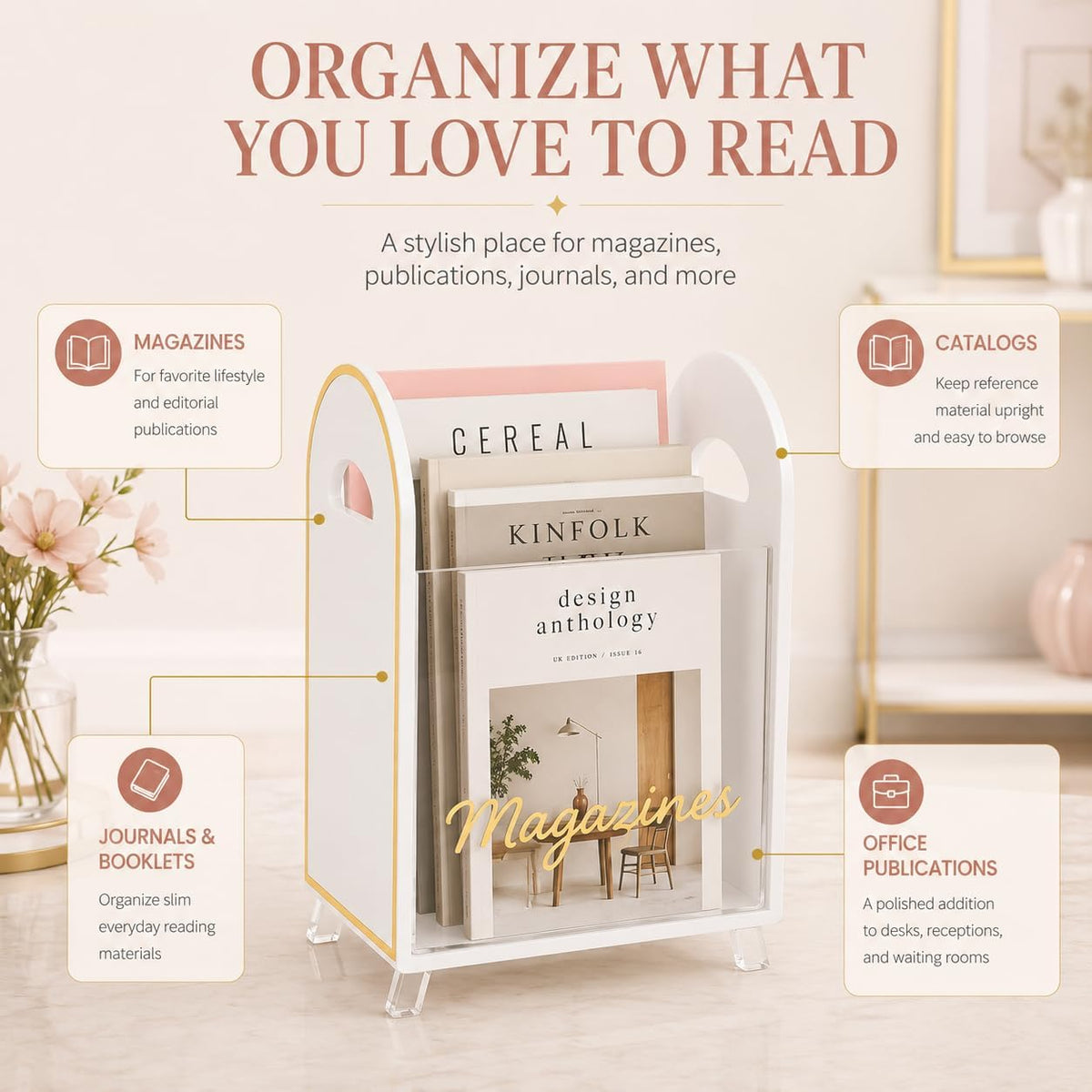 Khen Acrylic Magazine Rack Holder & Gold Trim - 12.40" x 10" x 4.49" - Crystal Lucite Clear - Shatterproof - Open Top - Space Saver - For Magazines, Publications, Office Desk, Reception, Waiting Room