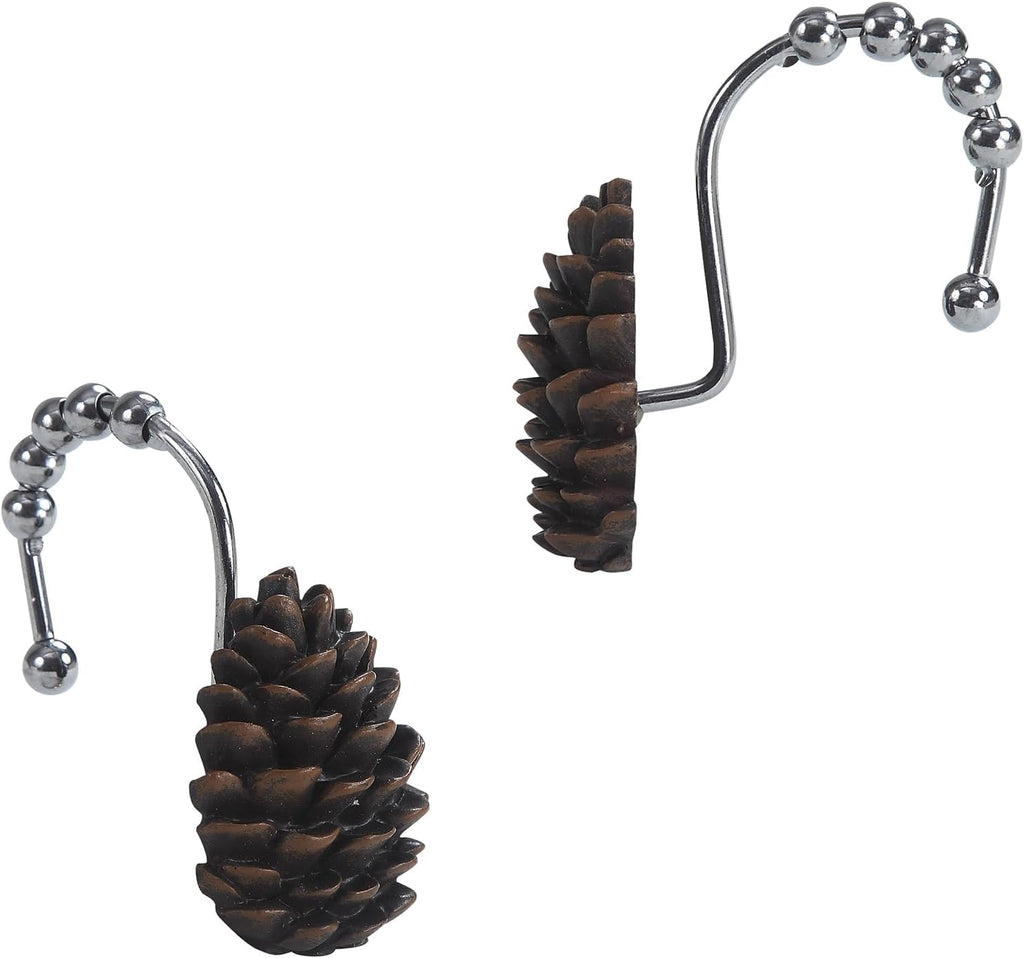 Brown Pinecone Shower Curtain Hooks, Rustproof Rustic Cabin Shower Hooks for Shower Curtain, 5 Roller Ring Balls Lodge Christmas Decorative Bathroom Curtain Hooks, Set of 12