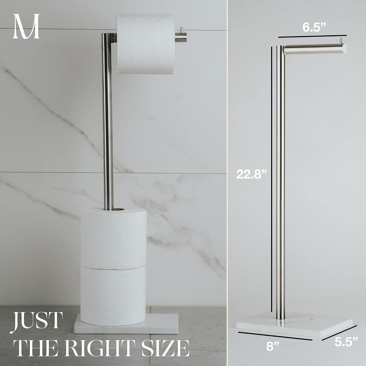 MARMOLUX ACC Toilet Paper Holder Stand, White Marble Base, Brushed Steel