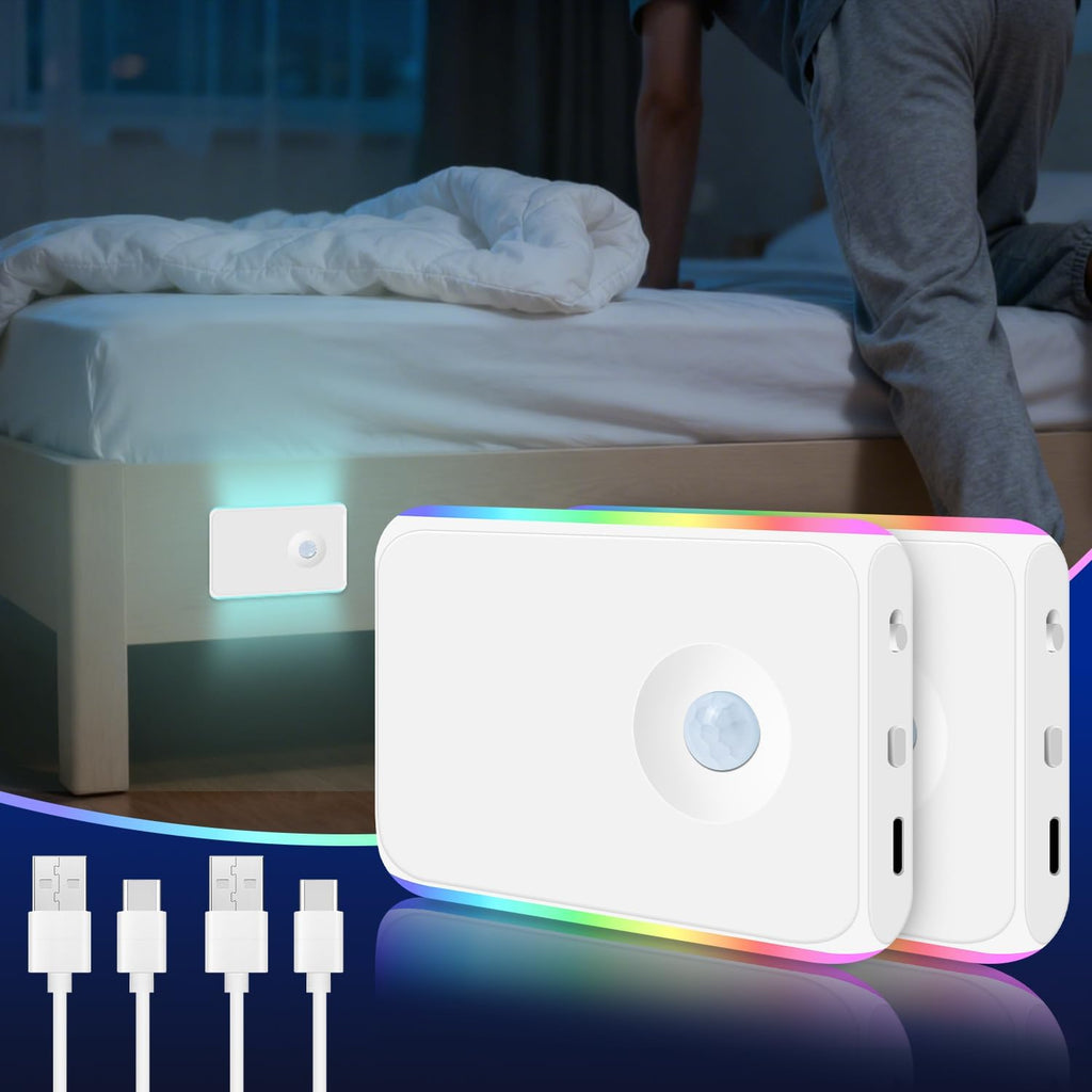 2 Pack Motion Sensor Night Light Cruise Ship Approved Magnetic Night Light Rechargeable with 2 USB Cable and 2 Magnetic Patch RGB Color Sensor Lights for Cabin Bathroom Hallway Stairs Cruise Essential