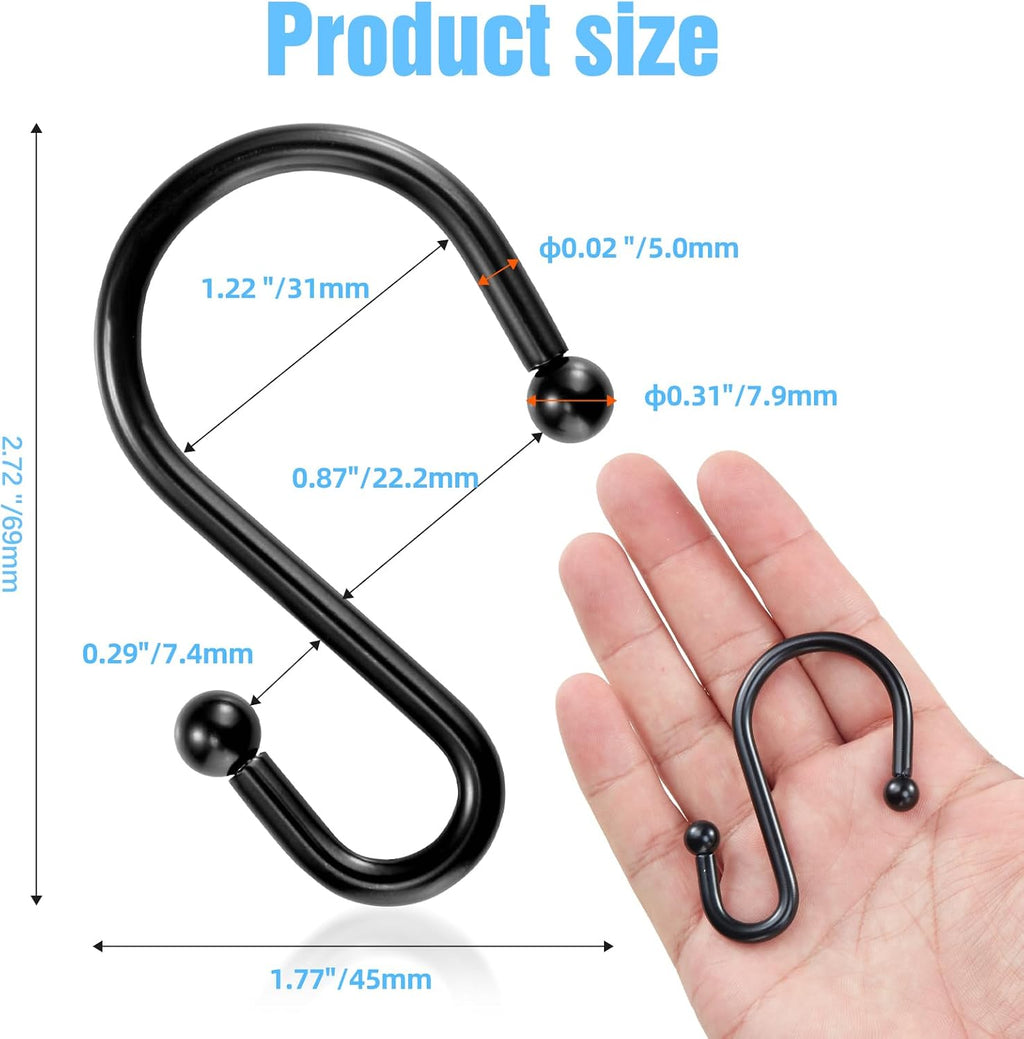 Shower Curtain Hooks, Metal Shower Hooks for Shower Curtain Rod, Rust Proof Metal Shower Curtain Rings, Decorative S Shower Hook (Black)