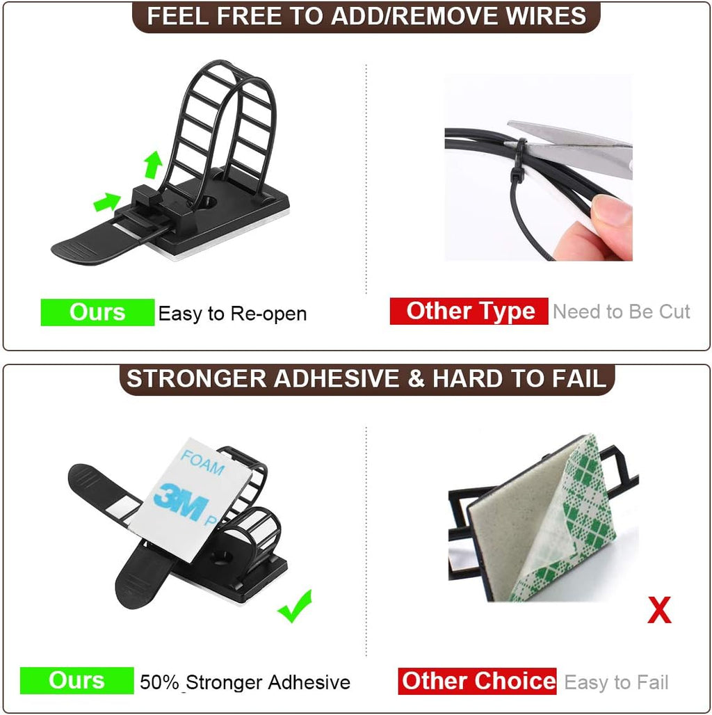 100Pcs Adhesive Cable Management Clips with 50Pcs Zip Ties, Adjustable Nylon Cable Strap Ties Wire Clips Clamps Organizer with Strong Adhesive Tape, Extra Screw & Hole - 3.55 Inch Black (Pack of 4)