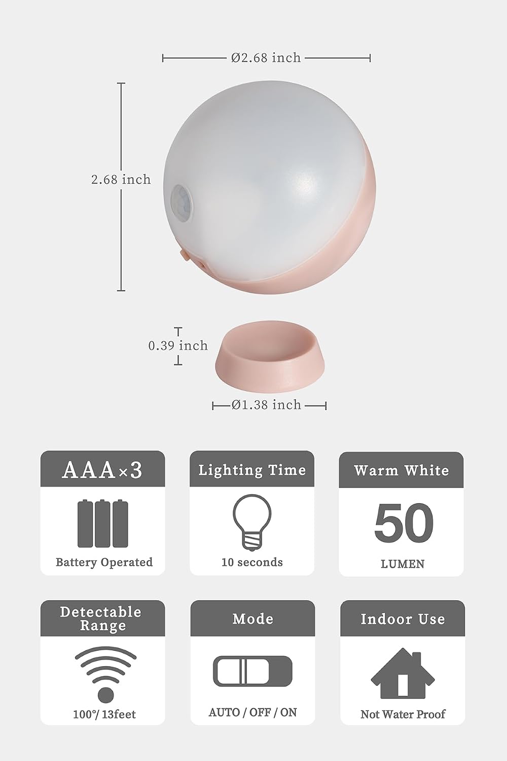 Musashi Night Light Motion Sensor Indoor Portable Light Battery Powered Night Light Sphere Champagne Pink WSL-001SP