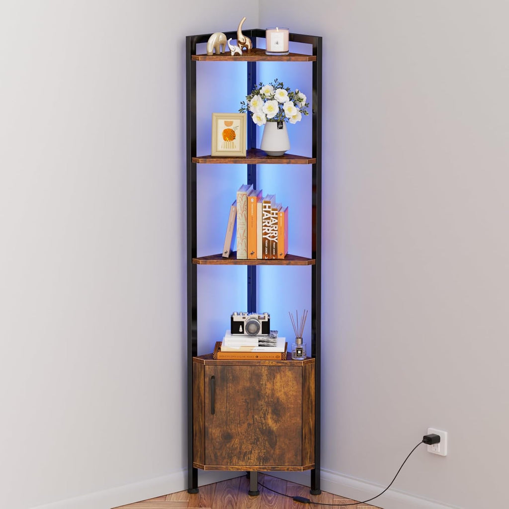 Furnulem Corner Shelf Cabinet,Corner Bookshelf with Storage and LED Light