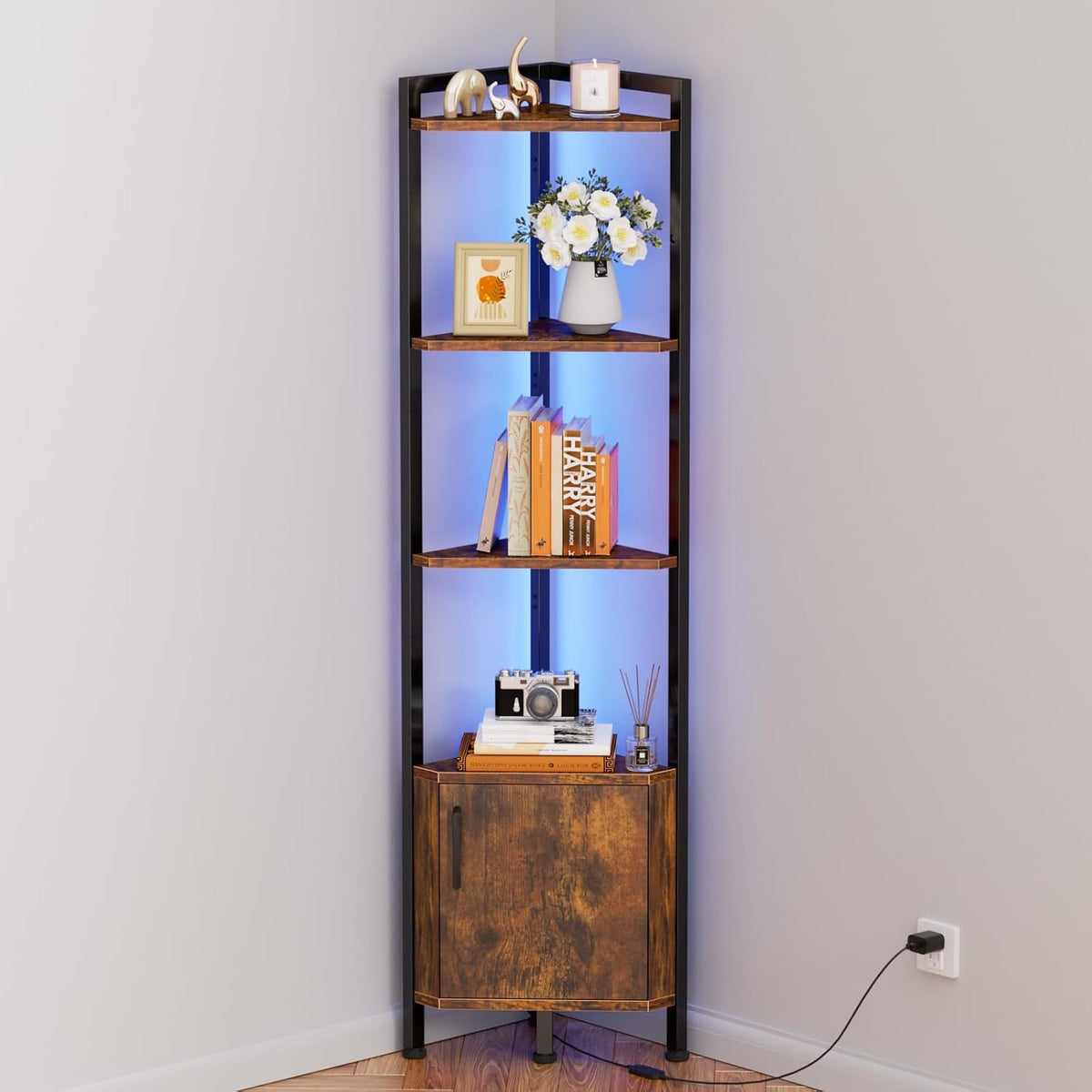 Furnulem Corner Shelf Cabinet,Corner Bookshelf with Storage and LED Light