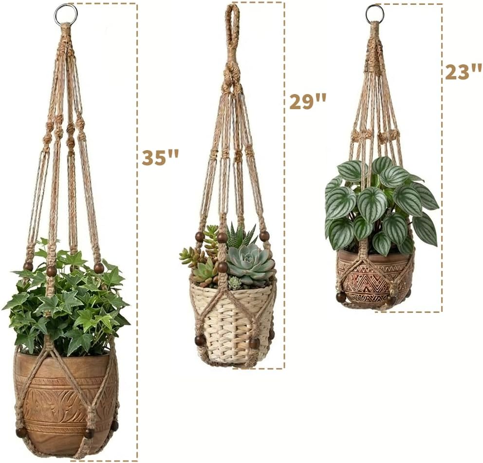 Macrame Plant Hanger 3 Pack, Jute Hanging Planter Holder Set, Brown, 35/29/23 in,with 3 Ceiling Hooks and 3 S Hooks,Suitable for Indoor and Outdoor Home Decor (Pots and Plant Not Included)