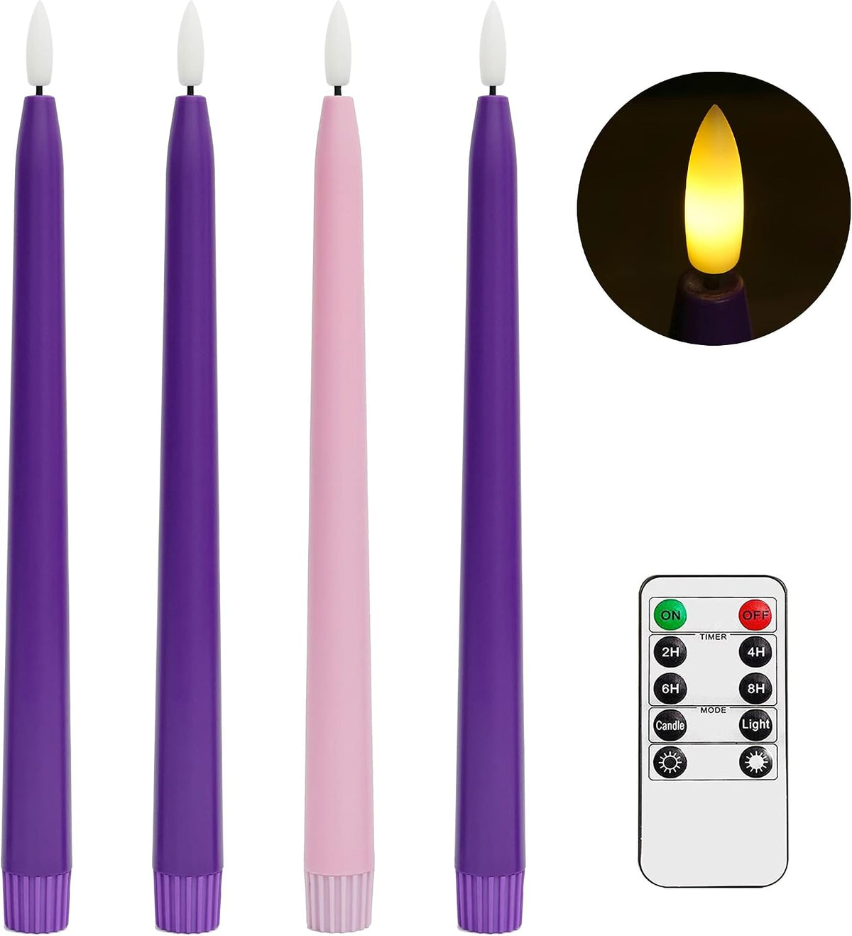 Stmarry Flameless Advent Candles, Set of 4 - Flickering LED Flame, 11 Inch Taper Candlesticks, Remote Controlled, Purple and Pink for Christmas Wreath