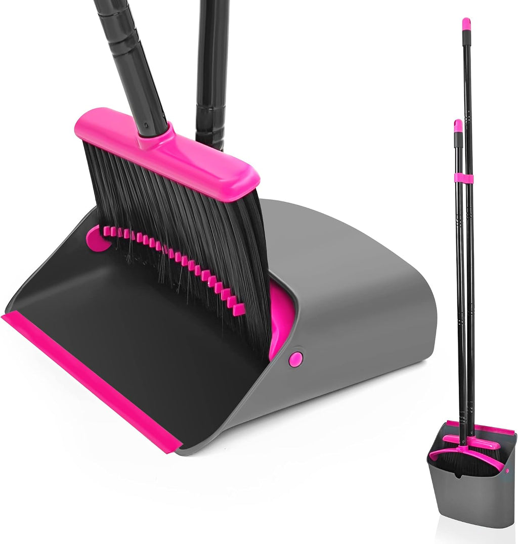 JEHONN Broom with Dustpan Combo Set, Long Handle Lightweight Indoor Broom Set, Upright Standing Dust Pan with Comb Teeth Store Sweep Set for Home Room Kitchen Office Lobby (Rose Red)