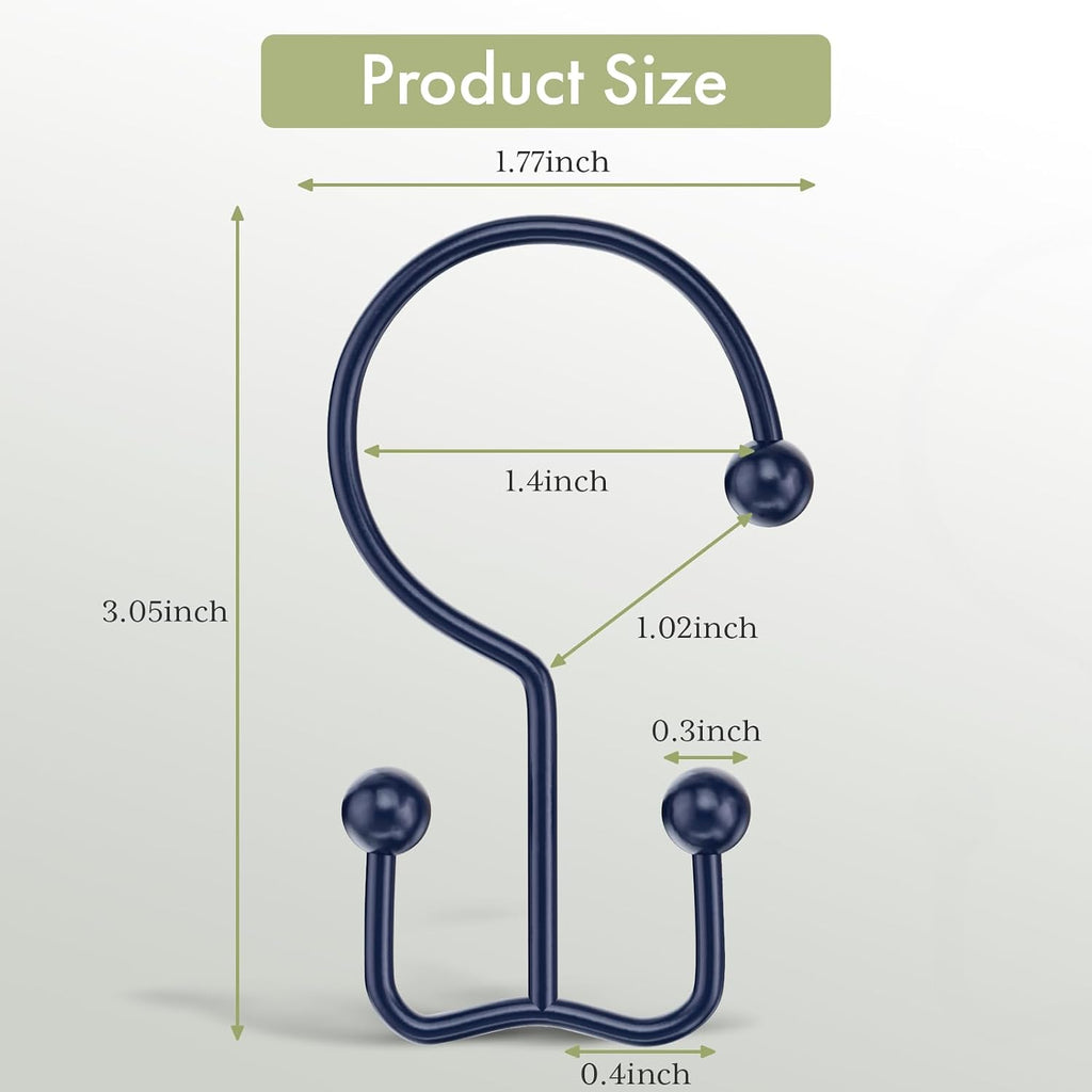Amazer Shower Curtain Hooks Navy Blue Double Shower Curtain Hooks, Shower Curtain Rings Sturdy Stainless Steel Shower Hooks for Bathroom Shower Rod, 12Pcs Shower Curtain Hangers
