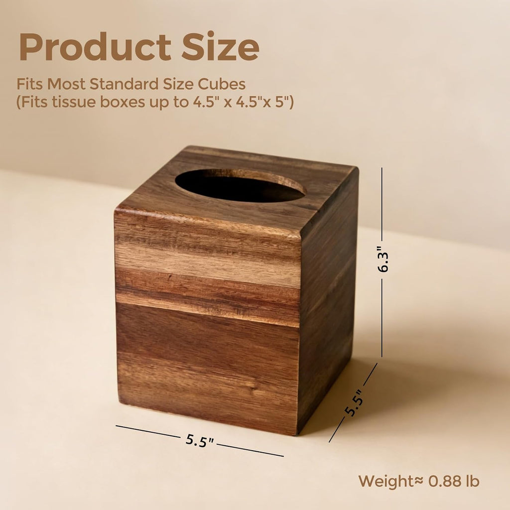 Acacia Wood Tissue Box Cover, Square Wooden Tissue Box Holder, 2 Pack