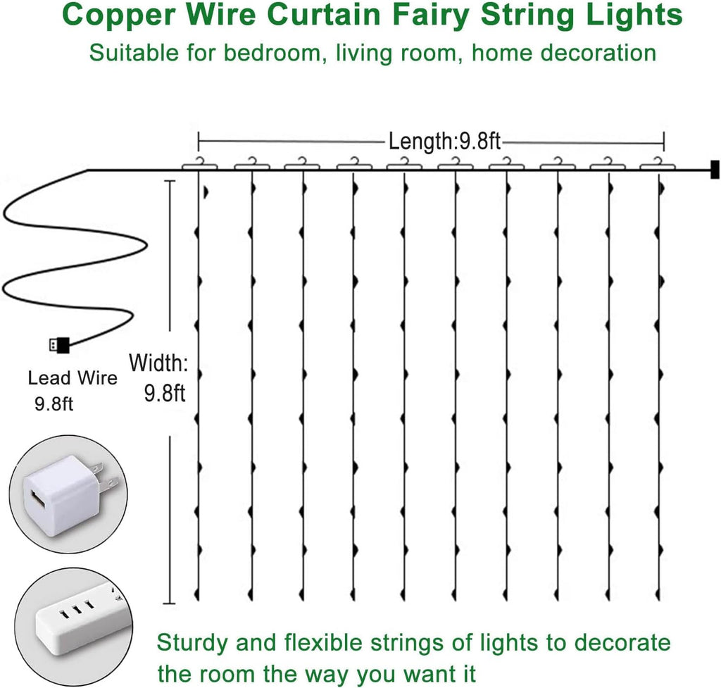 300 LED Fairy Lights, Twinkle Lights with 8 Light Modes, 9.8x9.8Ft Curtain String Lights Remote Control for Christmas, Bedroom, Indoor, Outdoor, Weddings, Party, Birthday Decor (Blue)