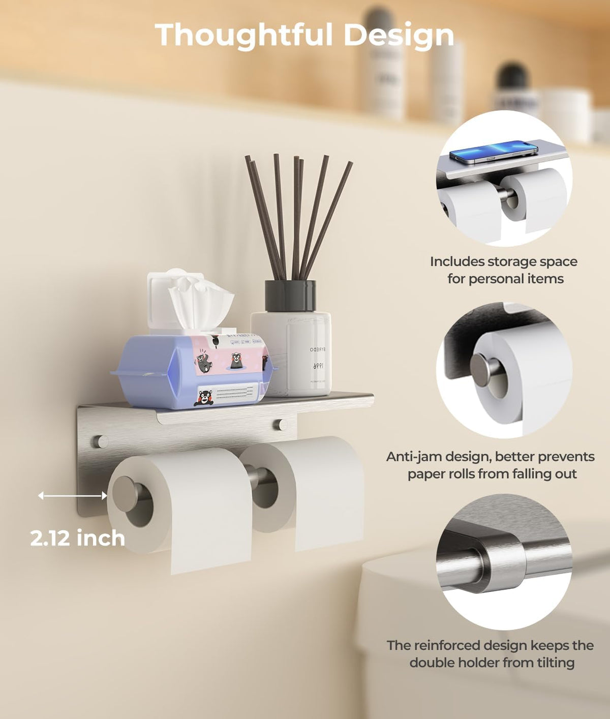 Double Toilet Paper Holder with Shelf, Wall Mount Tissue Roll Holder for Bathroom, 304 Stainless Steel Commercial Toilet Paper Dispenser with Phone Shelf, Brushed Nickel