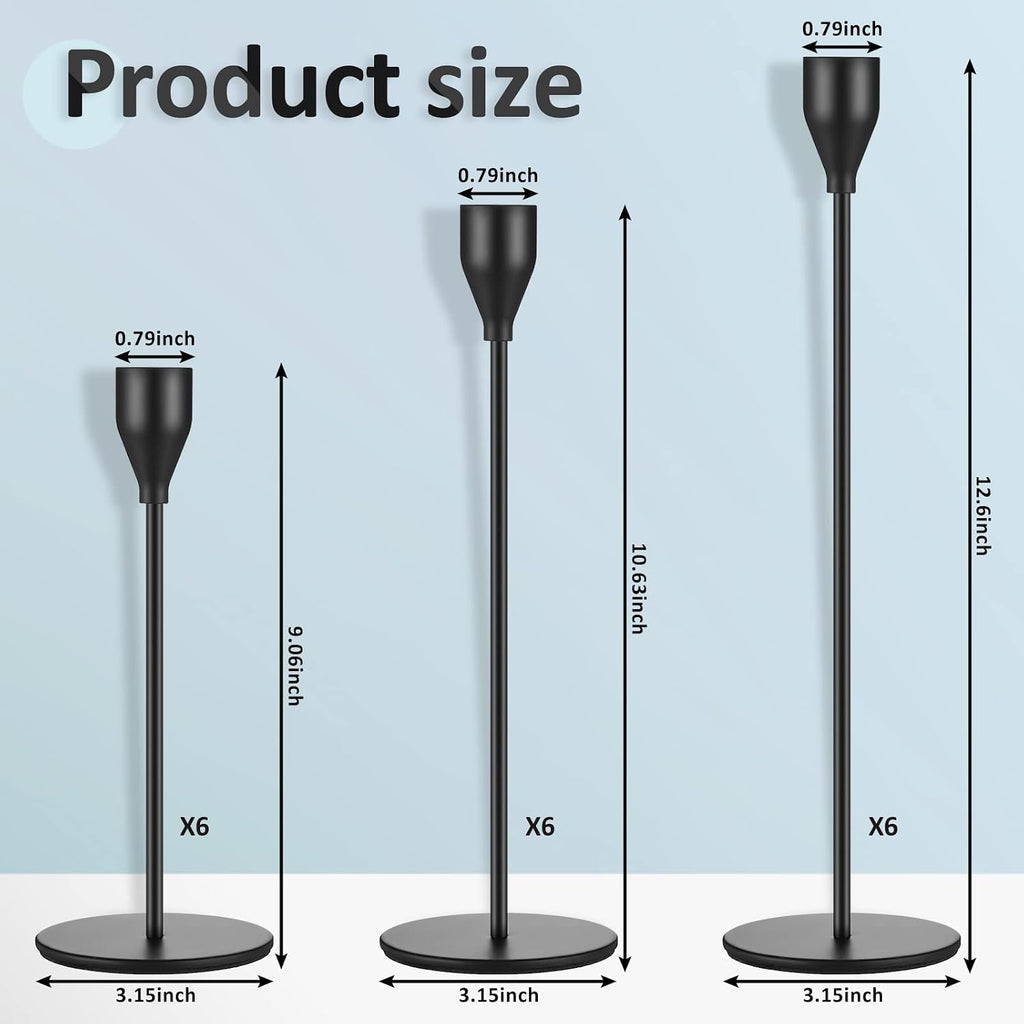 18 Pcs Black Tall Taper Candle Holders, 3 Sizes, Fits 3/4" Candles