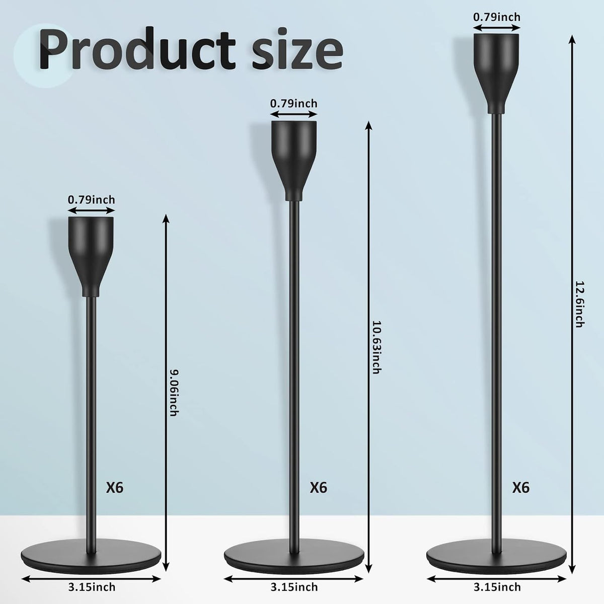 18 Pcs Black Tall Taper Candle Holders, 3 Sizes, Fits 3/4" Candles