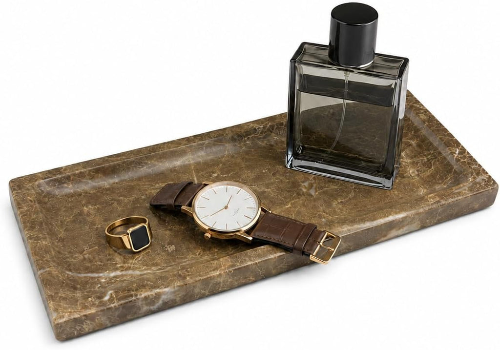 Brown Marble Vanity Tray, Small Genuine Stone Decorative Tray for Bathroom Counter, Perfume, Cologne, Jewelry, Candle, Coffee Table & Kitchen Counter Organizer, 11 x 4.7 Inch