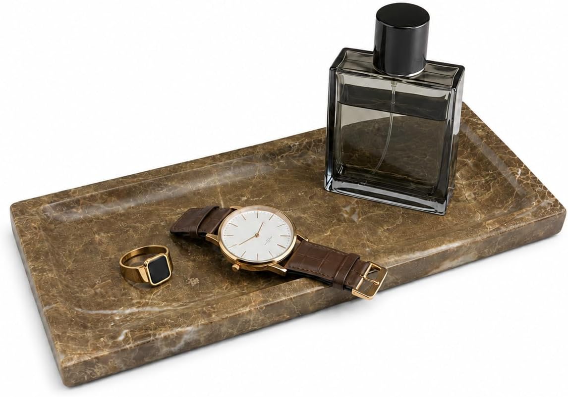 Brown Marble Vanity Tray, Small Genuine Stone Decorative Tray for Bathroom Counter, Perfume, Cologne, Jewelry, Candle, Coffee Table & Kitchen Counter Organizer, 11 x 4.7 Inch