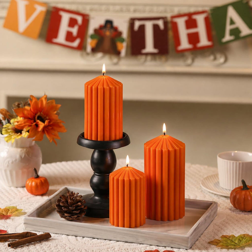 Orange Ribbed Pillar Candles Set of 3, Fall Pillar Candle for Fall Decor